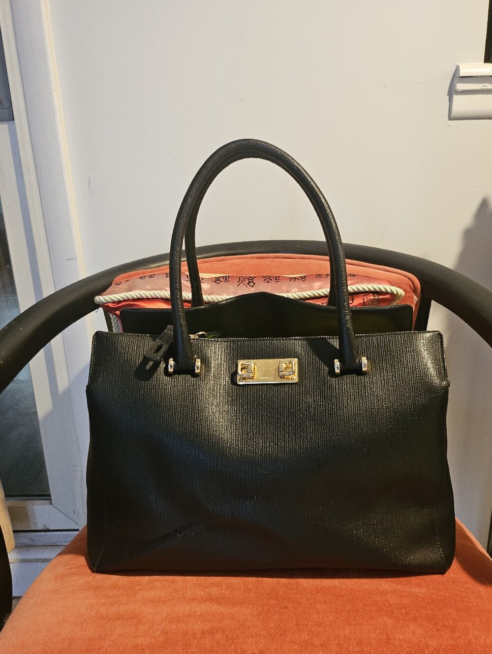 Black Leather Tote Handbag with Gold Hardware Furla Handbag